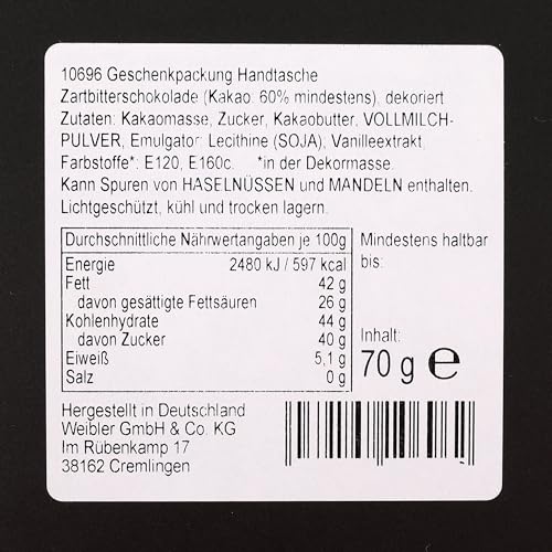 Weibler Handtasche aus Schokolade 70g – Zartbitterschokolade mit weißer und roter Schokolade – Originelle Weihnachtliche
